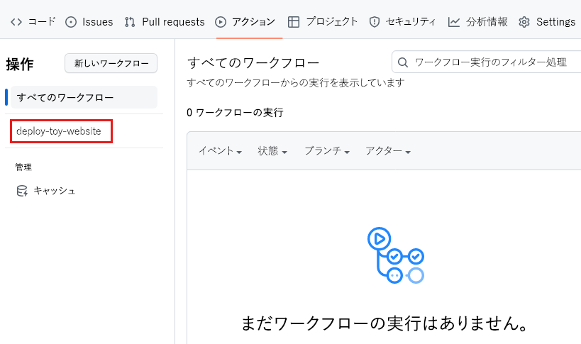 Screenshot of the GitHub interface showing the Actions tab, with the deploy-toy-website workflow selected.