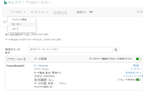 デベロッパー キーの詳細が示されているマイ キー ページが選択されている Bing Maps デベロッパー センター ポータルのスクリーンショット。