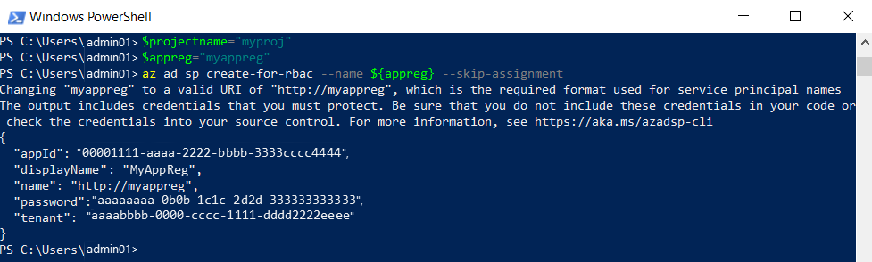 PowerShell でのアプリの製品名と登録名の設定およびアプリの登録の作成のスクリーンショット。