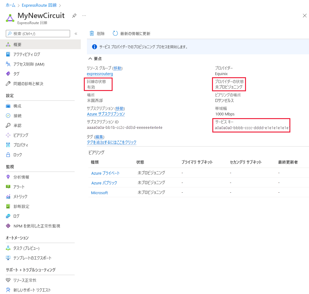 Screenshot of provisioning a circuit by using the Azure portal.