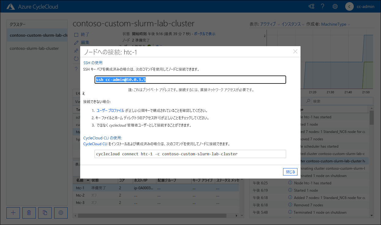 Screenshot of the Connect to node: htc-1 pop-up window in the Azure CycleCloud web application.