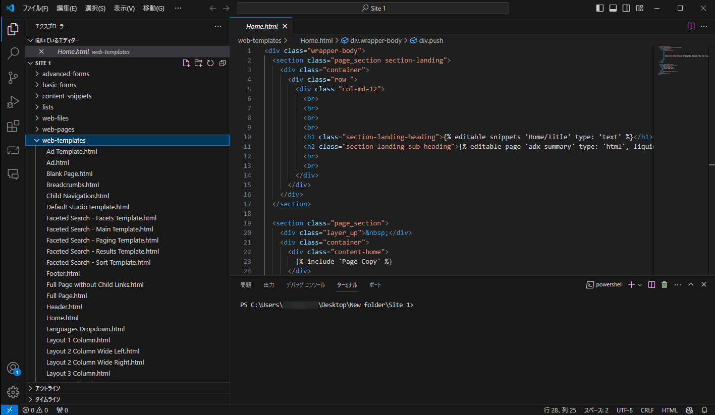 プロの開発者との共同で開発された、より複雑な Web サイト用 Visual Studio Code のスクリーンショット。