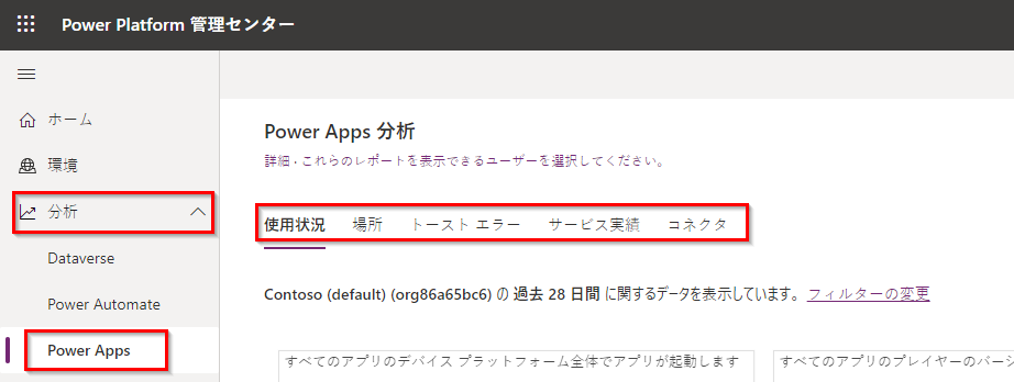 Power Apps 分析ダッシュボードのスクリーンショット。左側のメニューでは分析と Power Apps が強調表示されており、ダッシュボードのレポート タブが強調表示されている。