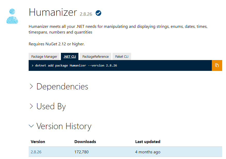 NuGet パッケージのランディング ページのスクリーンショット。