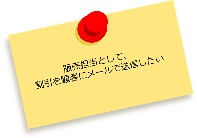 「販売ユーザーとして、割引を顧客にメールで送信したい」と書かれたメモ。