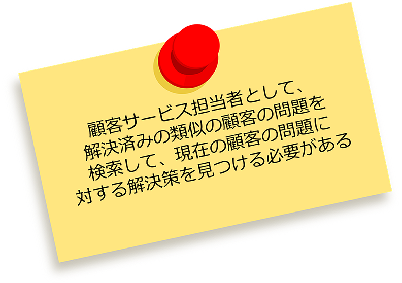 「顧客サービス担当者として、解決済みの類似の顧客の問題を検索して、現在の顧客の問題に対する解決策を見つける必要がある」と書かれたメモ。