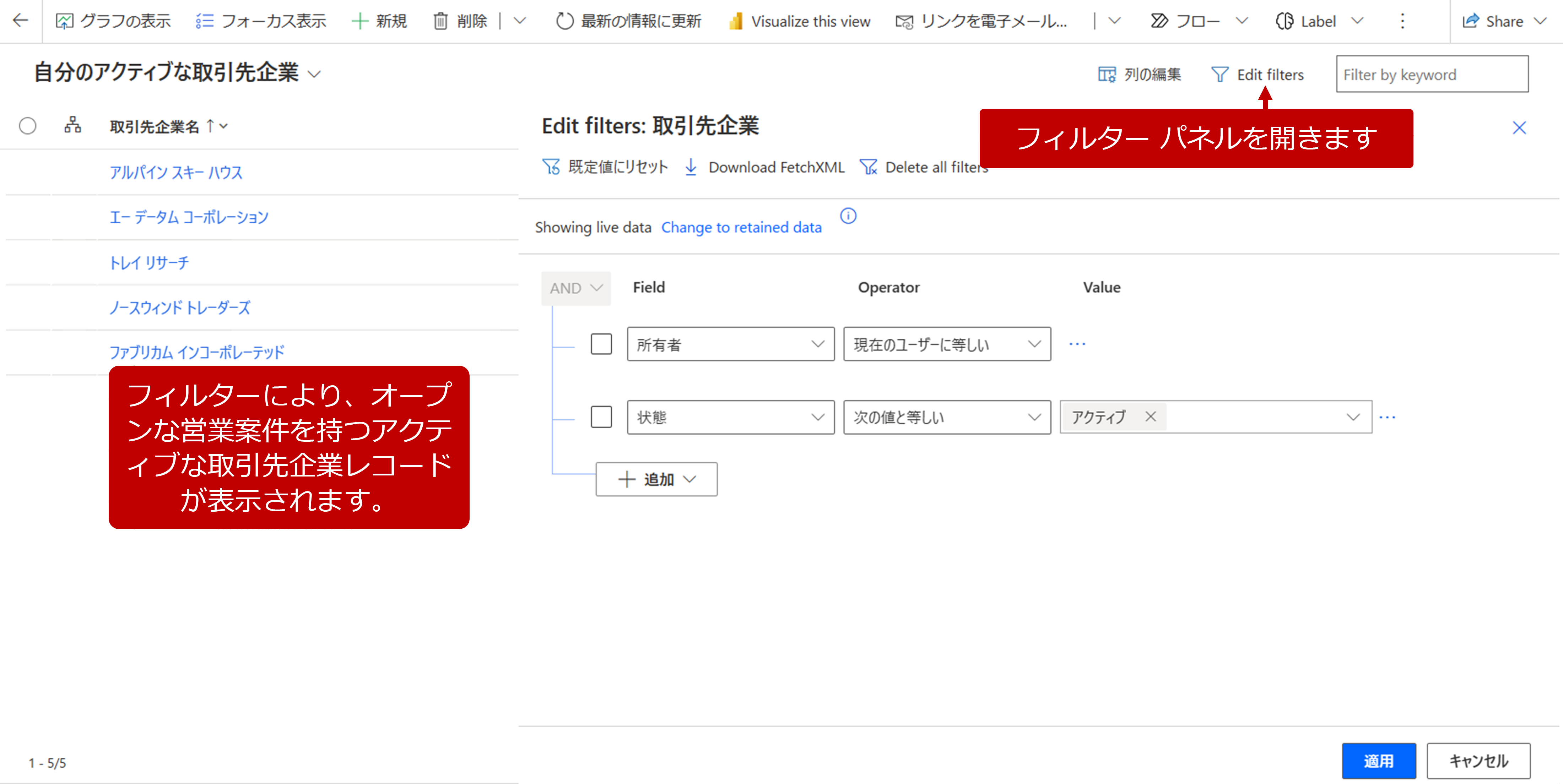 フィルター編集機能の使用を示すスクリーン ショット。