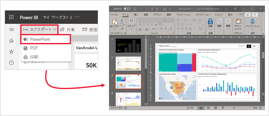 PowerPoint にレポートをエクスポートするプロセスを示すスクリーンショット。