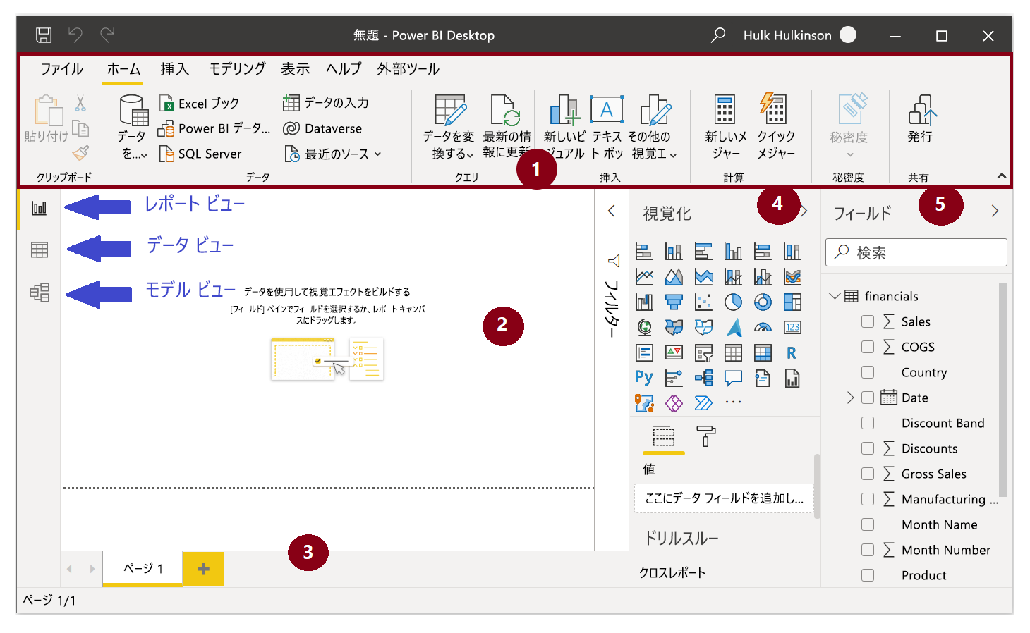 レポートビューの 5 つの領域。