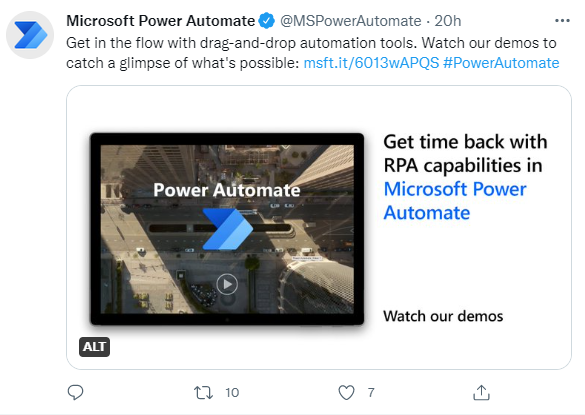 ハッシュタグ #PowerAutomate を使用した Microsoft Flow ツイートのスクリーンショット。