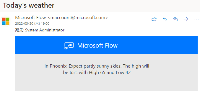 クラウド フローから送信されたフェニックスの天気に関するメールのスクリーンショット。