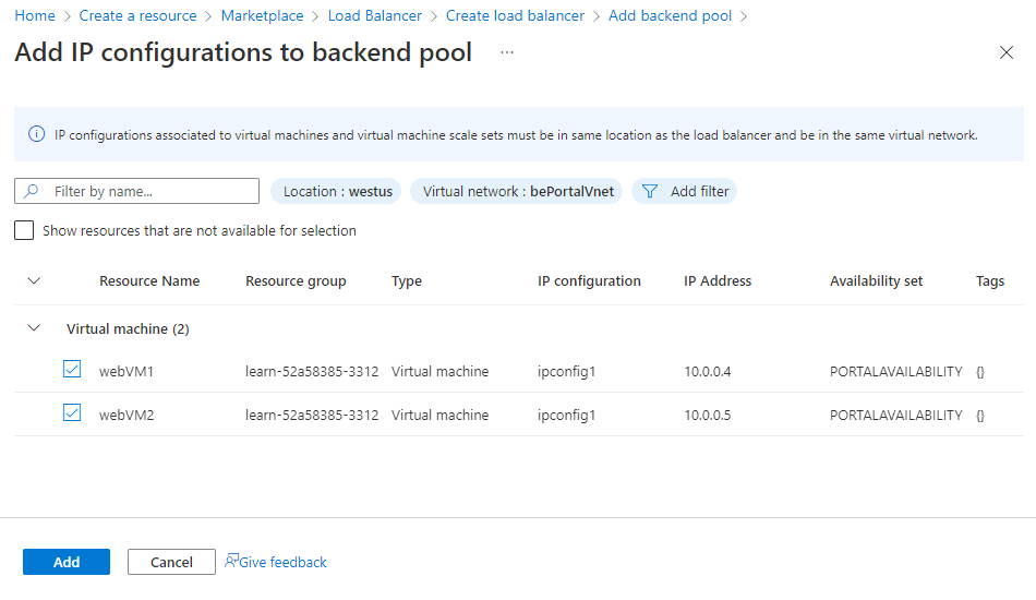 [Add IP configurations to backend pool] (バックエンド プールへの IP 構成の追加) ペインの設定を示すスクリーンショット。