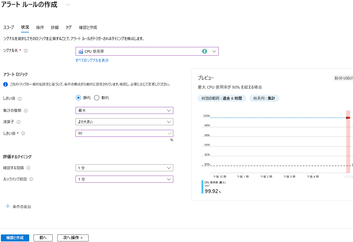 メトリック条件ロジックの設定を示すスクリーンショット。