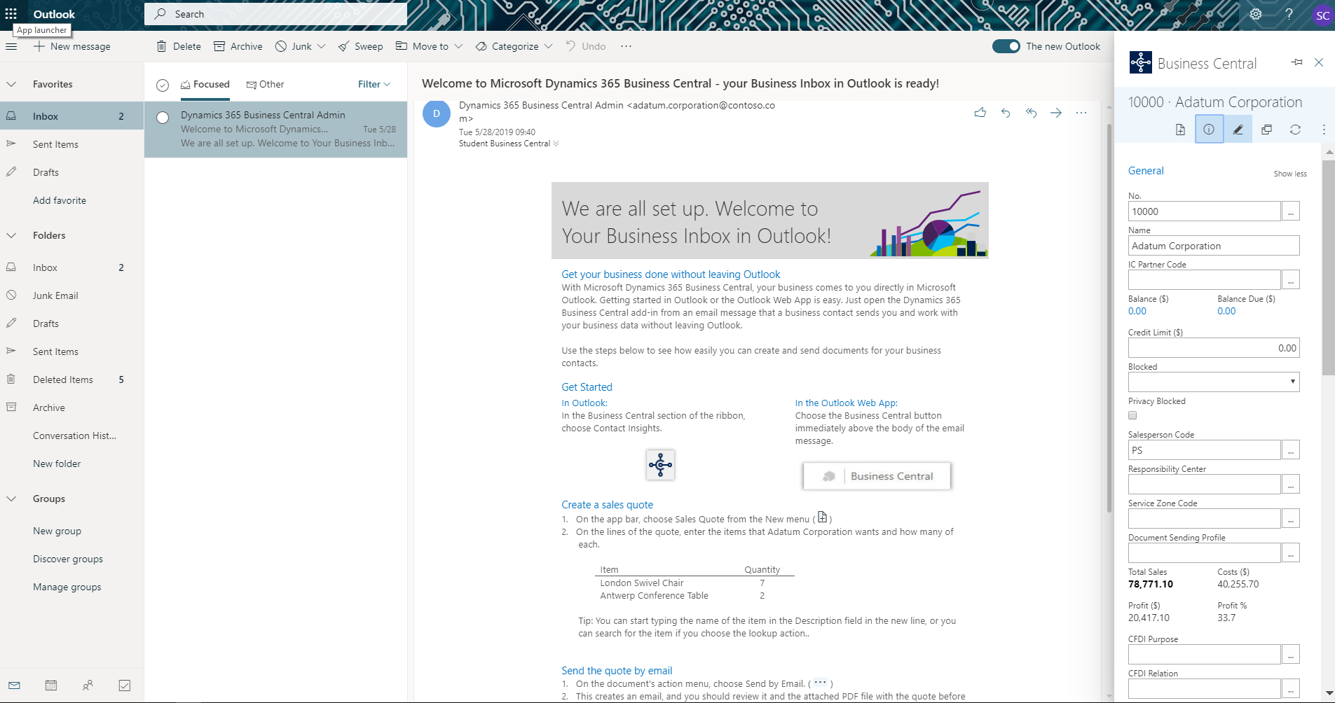 Business Central で Outlook を業務用受信トレイとして使用する画像。