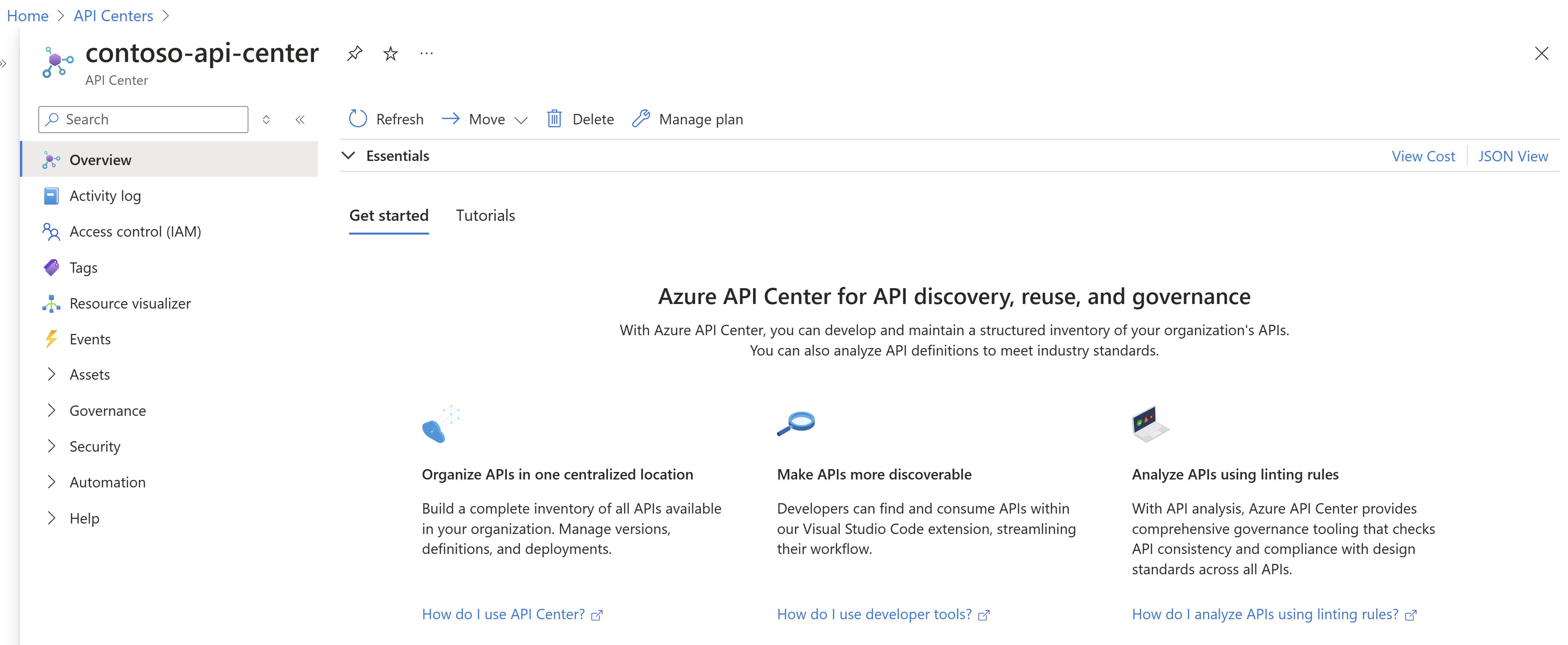 API Center インスタンスが正常に作成されたことを示すスクリーンショット。