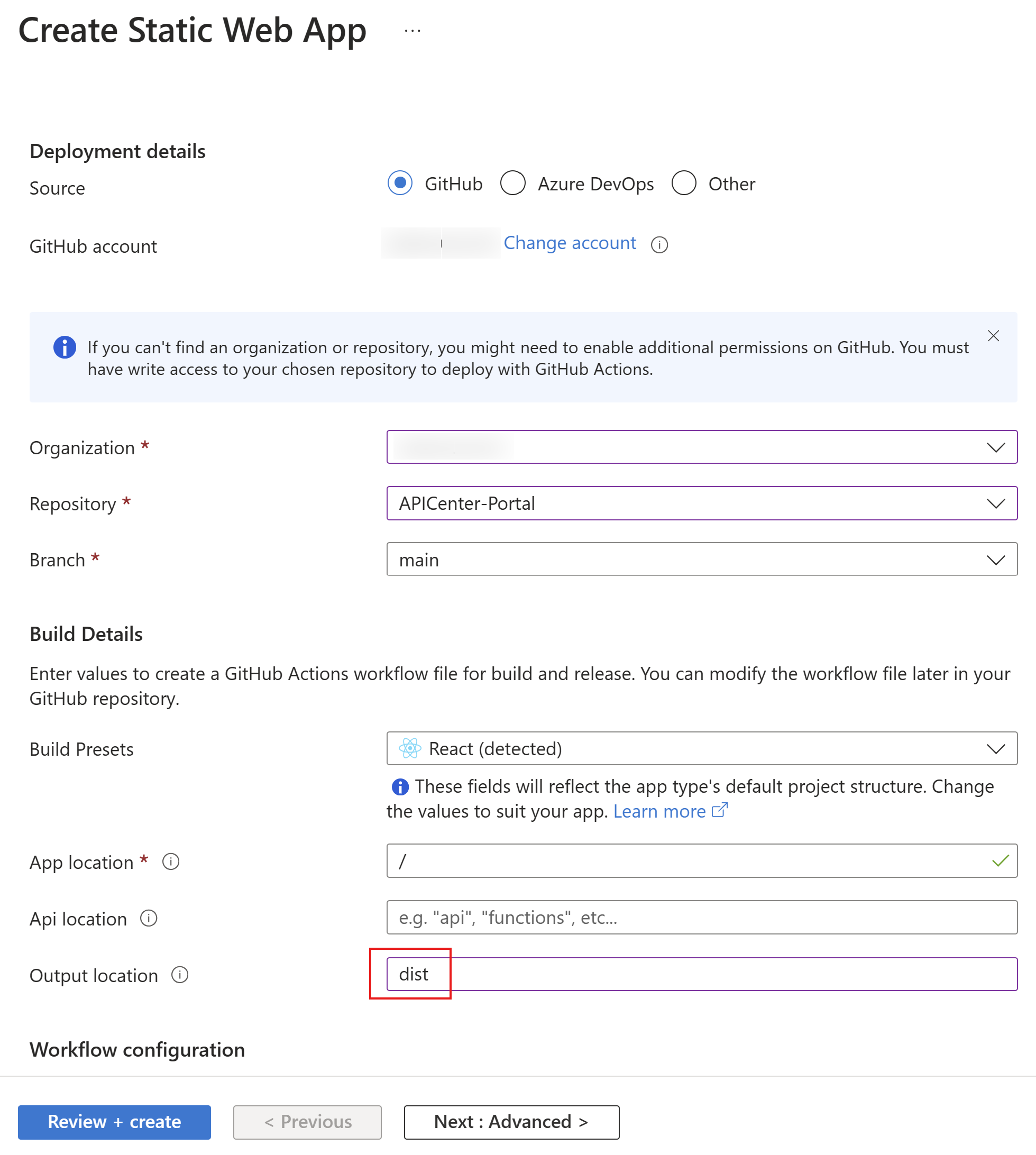 Azure Static Web Apps の構成を示すスクリーンショット