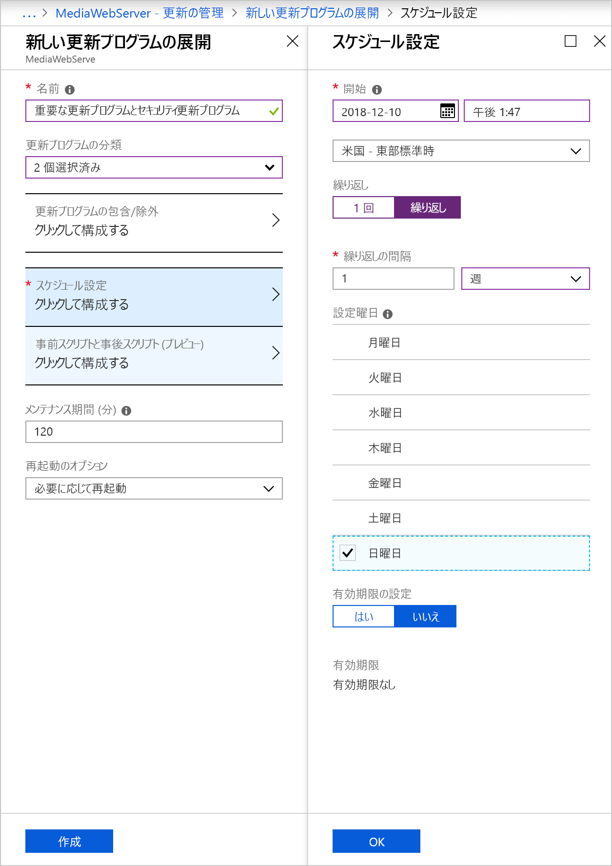 表の内容に従ってフィールドに入力されている [新しい更新プログラムの展開] ページと [スケジュール設定] ページを示すスクリーンショット。