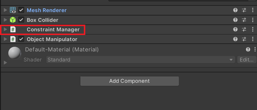 キューブに追加された Constraint Manager スクリプトのスクリーンショット。