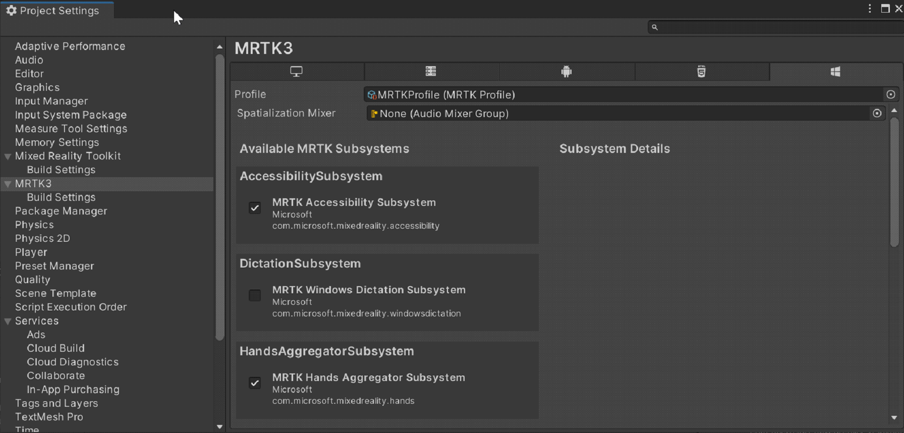 MRTK プロファイルのスクリーンショット。