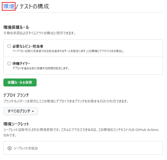 Test という名前の新しい環境の GitHub ページのスクリーンショット。[環境] リンクが含まれています。