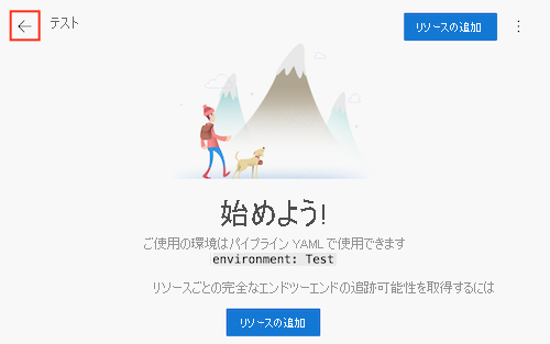 矢印ボタンを含む、Test という名前の環境についての Azure DevOps ページのスクリーンショット。