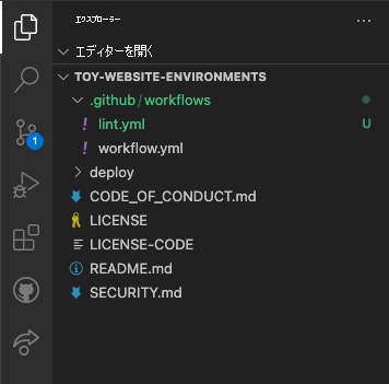 Visual Studio Code エクスプローラーのスクリーンショット。.github フォルダーと workflows フォルダー、および lint.yml ファイルが含まれています。