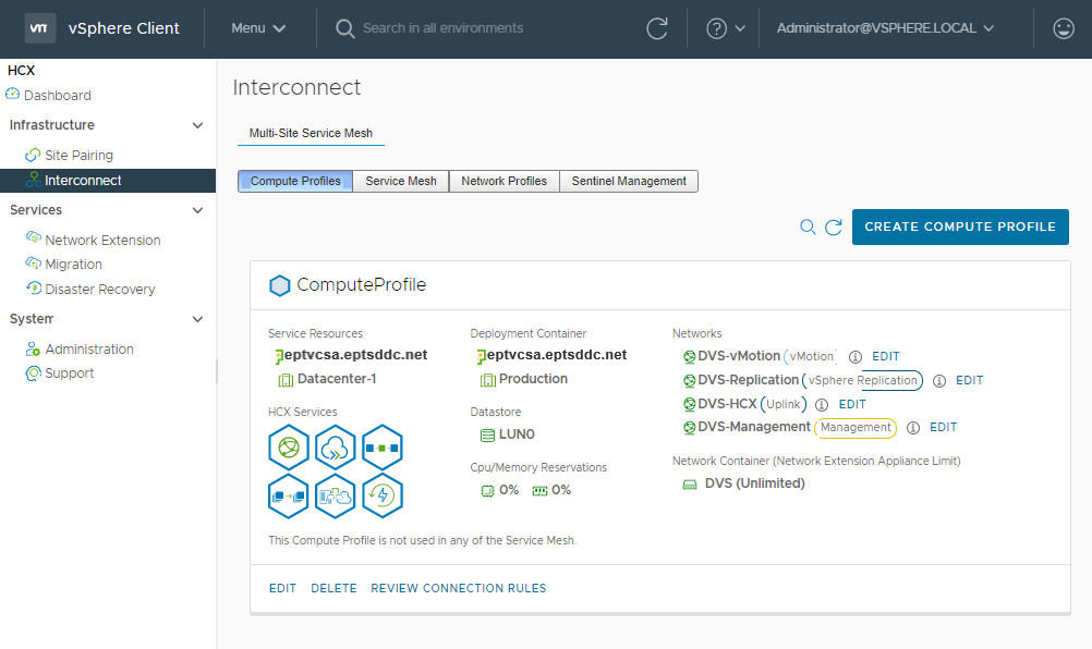 Screenshot showing the compute profile completely configured in the on-premises HCX Connector.