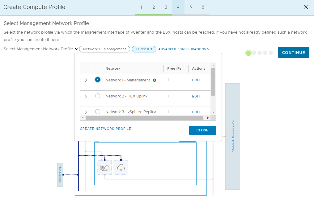 Screenshot that shows the selection of a management network profile and the Continue button in the on-premises HCX Connector.