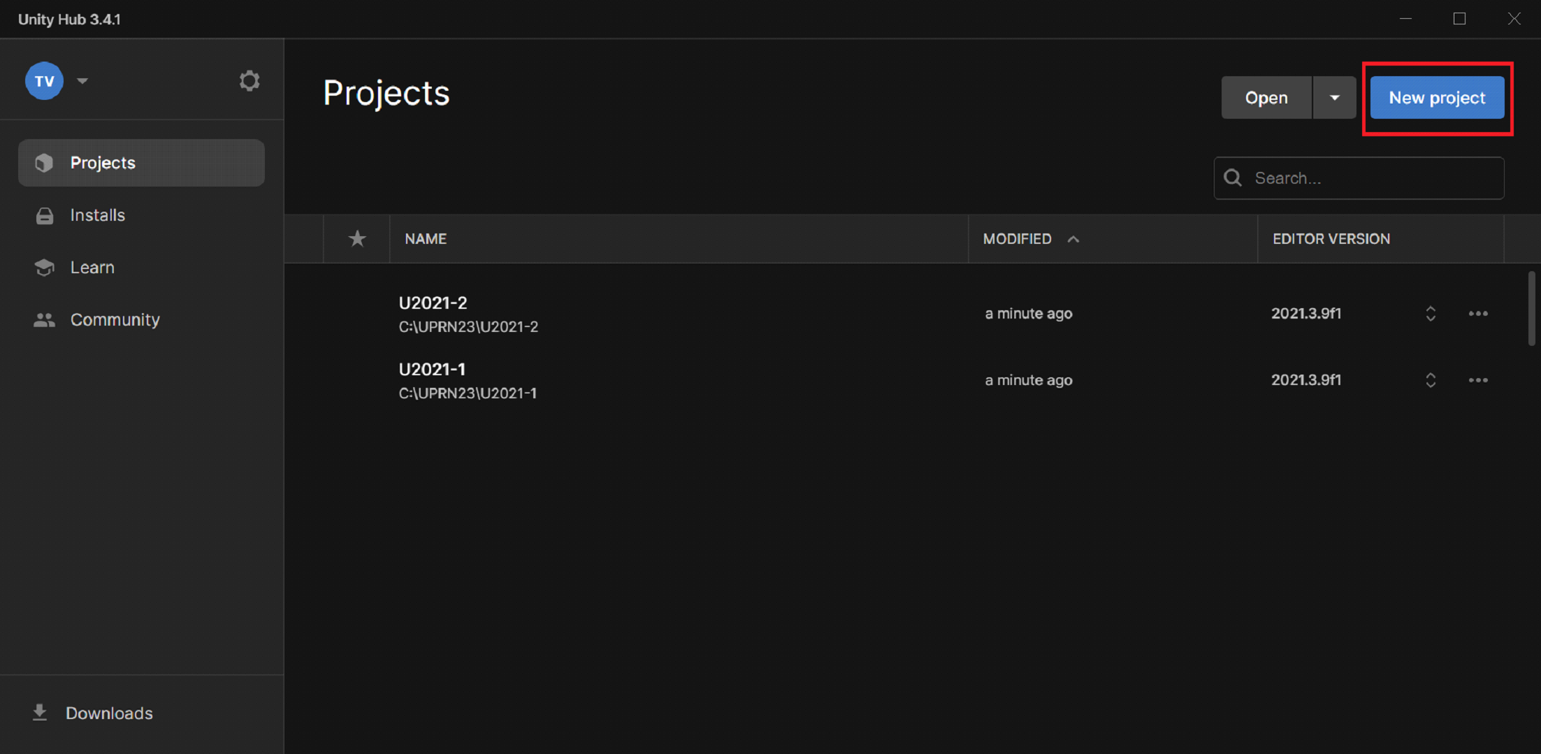 Screenshot of Unity Hub in Projects tab with the New Project button highlighted.