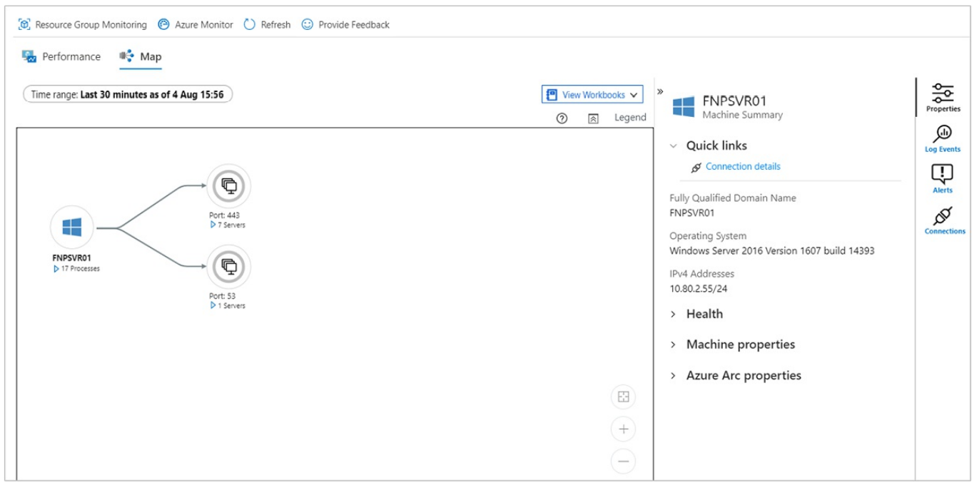 VM Insights マップ ビューのスクリーンショット。