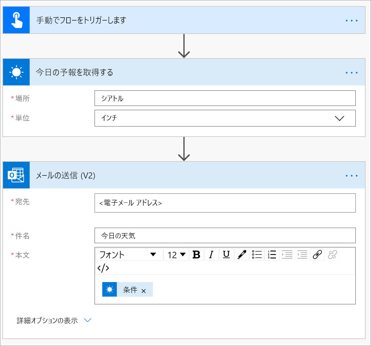 「今日の予報を取得する」アクションおよび「メールで送信」アクションのスクリーンショット。