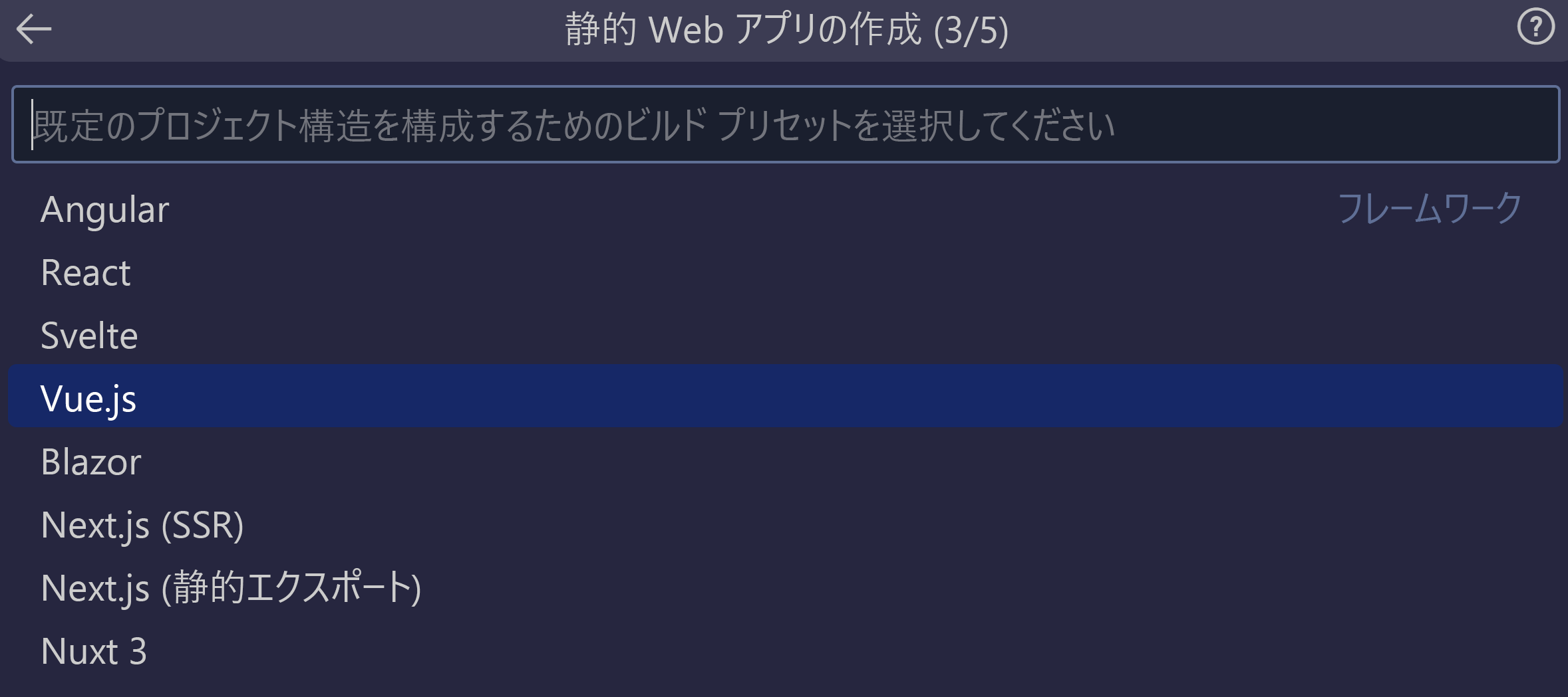 [Vue] オプションが選択されていることを示すスクリーンショット。