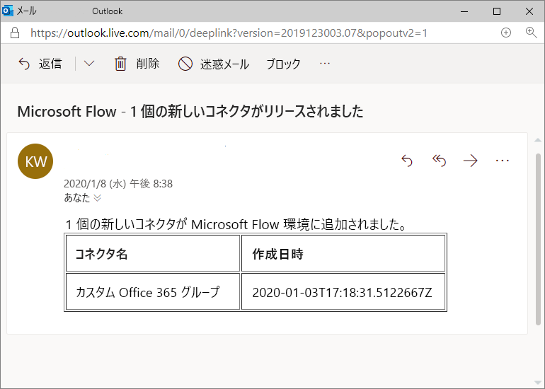 サンプルのメールを示している Outlook のスクリーンショット。