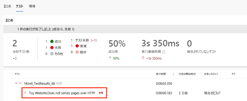 Screenshot of the Azure DevOps interface that shows the pipeline run's test results, with the failed test highlighted.