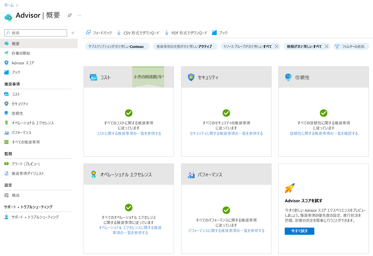 Azure portal の [Azure Advisor 概要] ページのスクリーンショット。