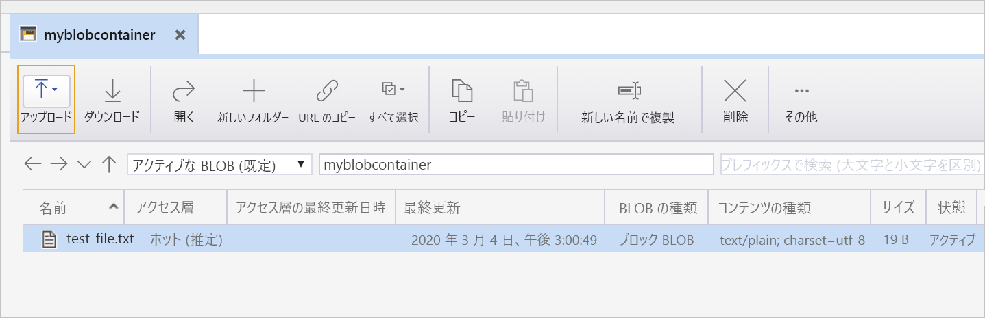 ストレージ アカウント内のファイルを示すスクリーンショット。