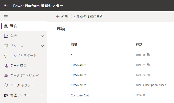 既定の環境が表示されている Microsoft Power Platform 管理センターの「環境」タブ。
