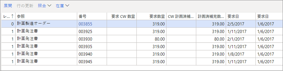 計画製造オーダーの展開表示のスクリーンショット。