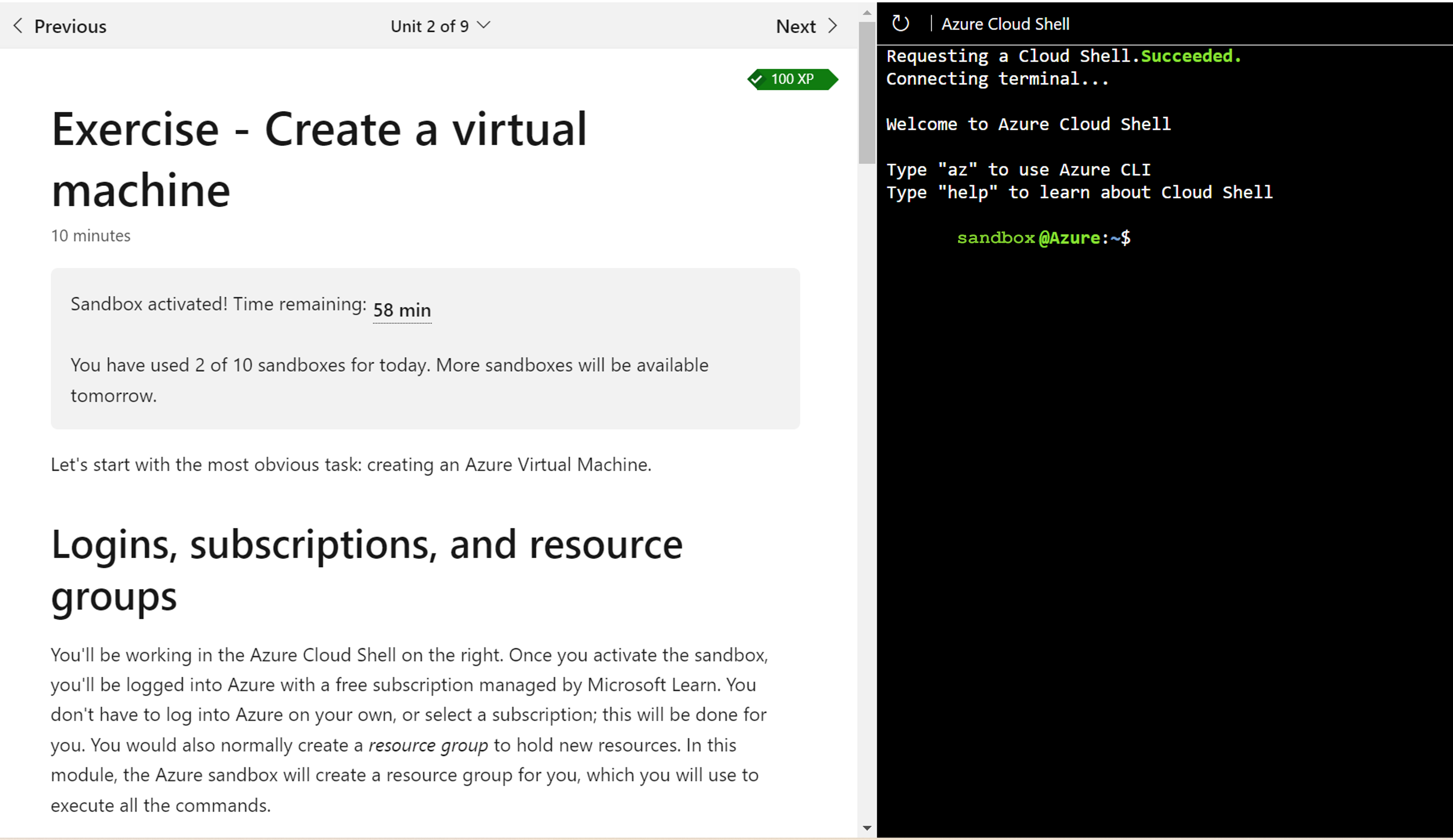 トレーニング コンテンツのテキストとサンドボックスを並べて表示した Microsoft Learn ユニットのスクリーンショット