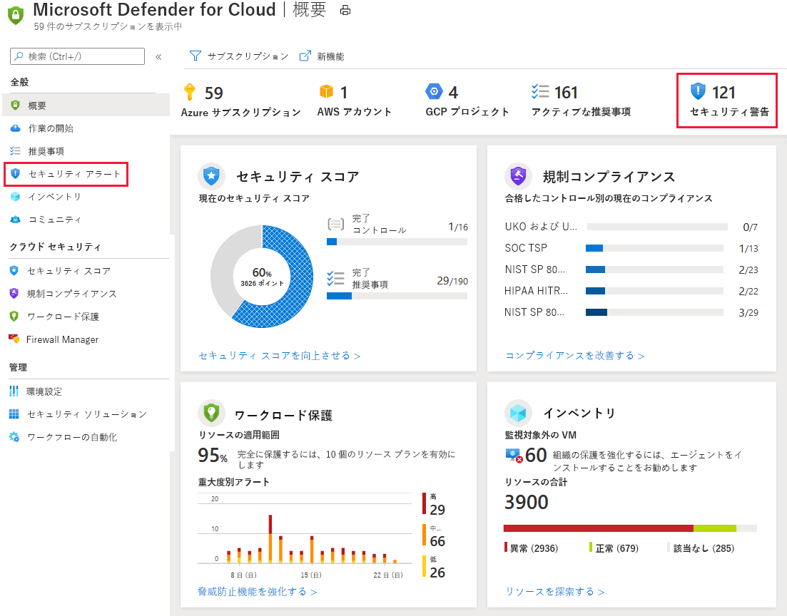 Defender for Cloud でセキュリティ アラートを表示する方法を示すスクリーンショット。