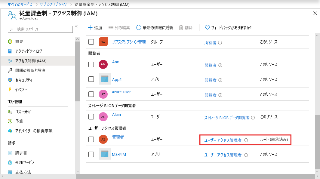 ルート スコープでのサブスクリプション ロール割り当て。