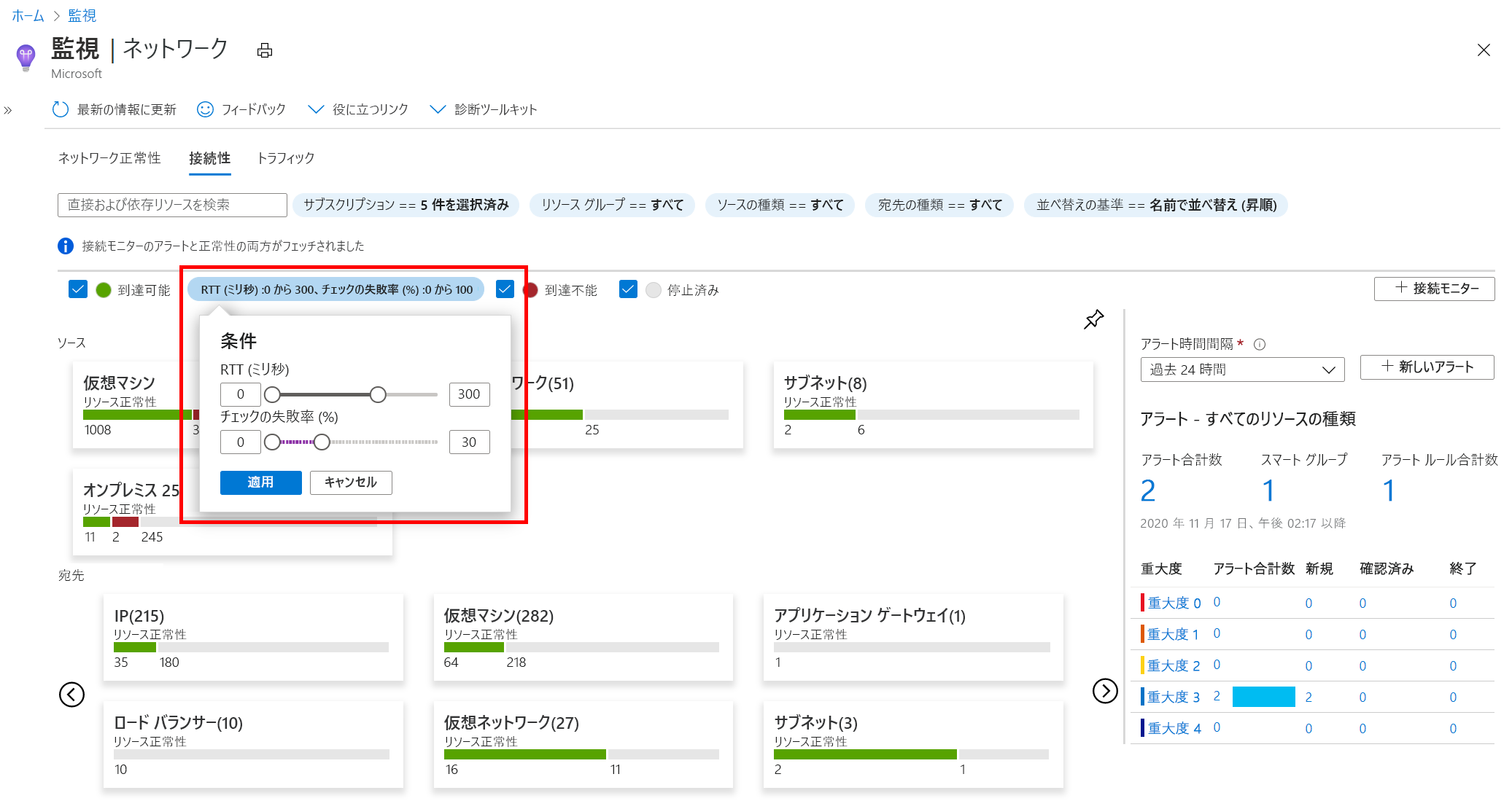 Azure Monitor Network Insights - [接続性] タブ - [条件] の詳細 ビュー