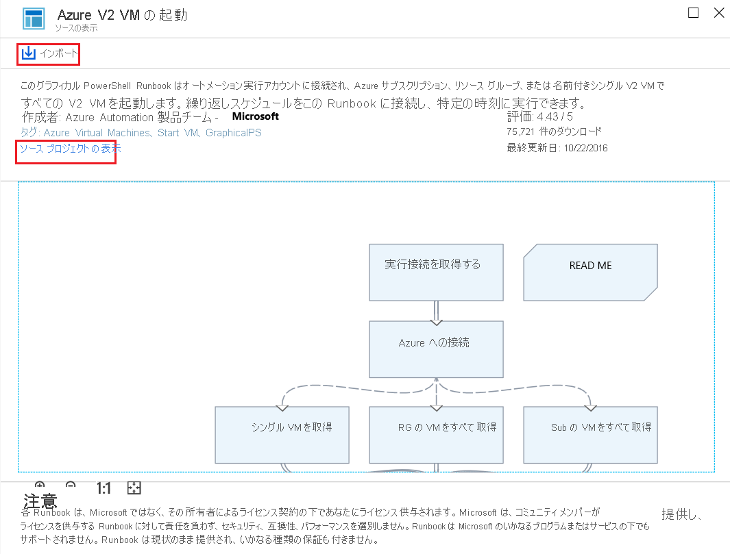 Azure Automation の Runbook ギャラリーにある Star Azure V2 VMs Runbook のスクリーンショット。[インポート] と [ソース プロジェクトの表示] の両方のオプションが強調表示されています。Runbook のグラフィック図も表示されています。