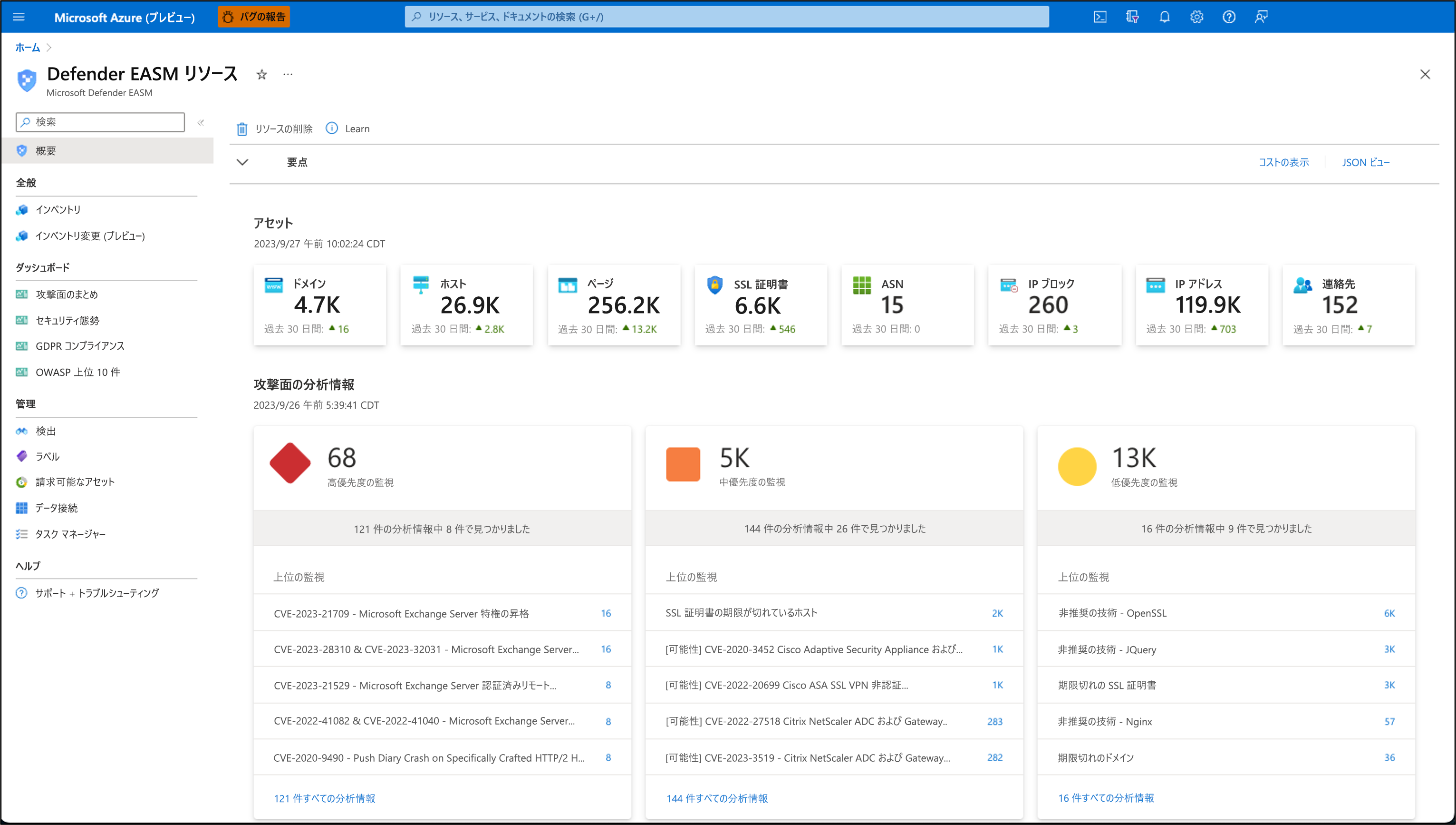 Screenshot showing the Microsoft Defender External Attack Surface Management dashboard.