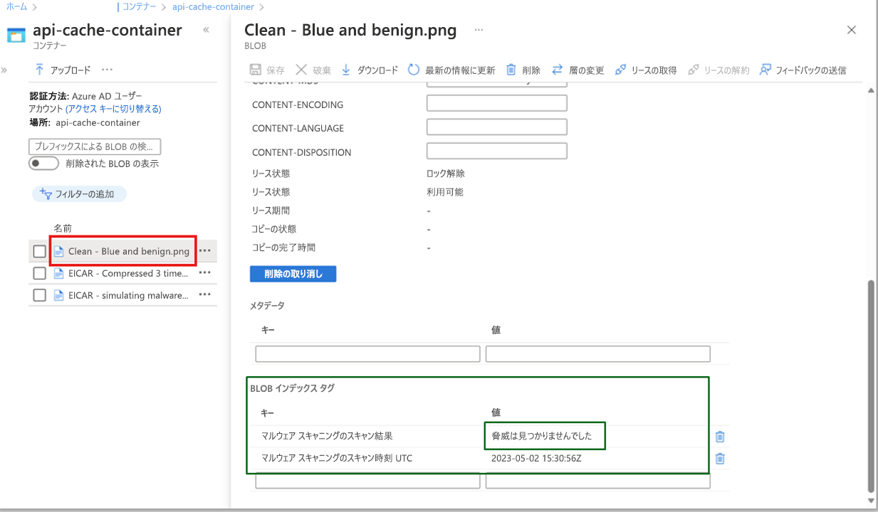 BLOB メタデータ内のマルウェア スキャン結果とマルウェア スキャン協定世界時を示すスクリーンショット。