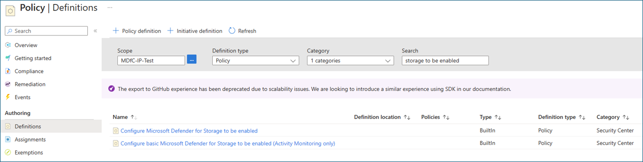 Microsoft Defender for Storage を構成して有効にする方法を示すスクリーンショット。