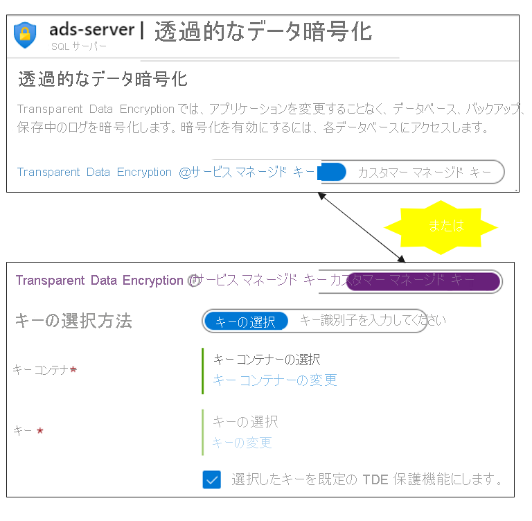 Transparent Data Encryption 構成フォームのスクリーンショット。