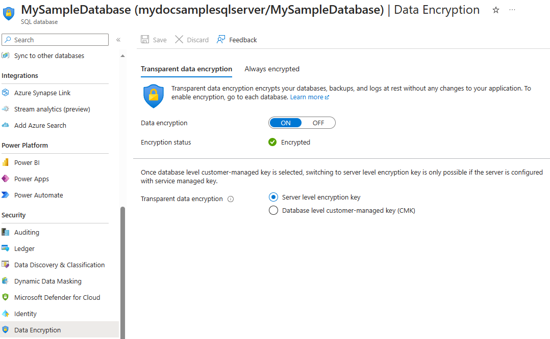 データベース レベルで Transparent Data Encryption を有効または無効にする方法を示すスクリーンショット。