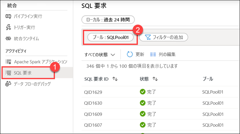 Azure Synapse Studio の監視ハブの SQL 要求