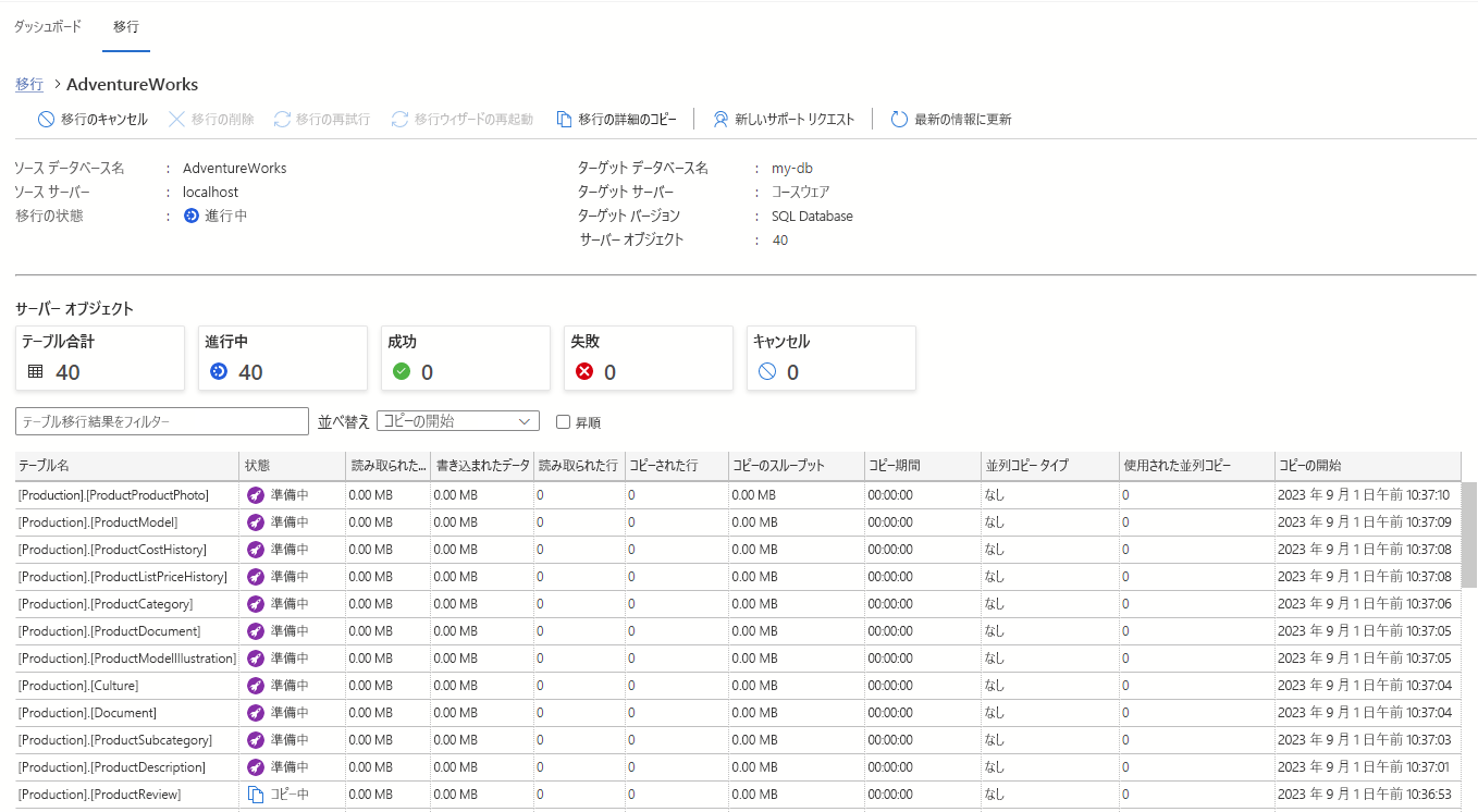 Azure Data Studio 用の Azure 移行拡張機能の移行詳細のスクリーンショット。